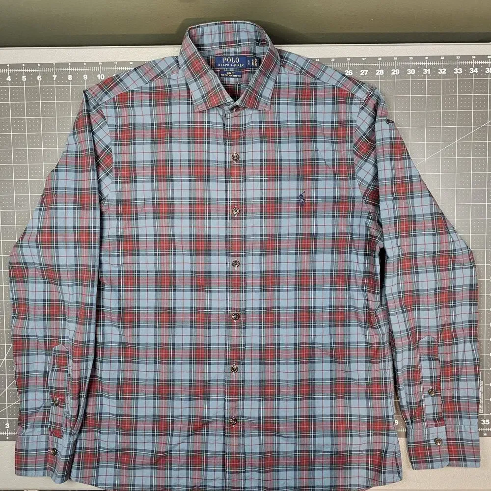 Polo Ralph Lauren Shirt Large Blue Plaid Slim Fit Stretch Preppy Academia Ivy